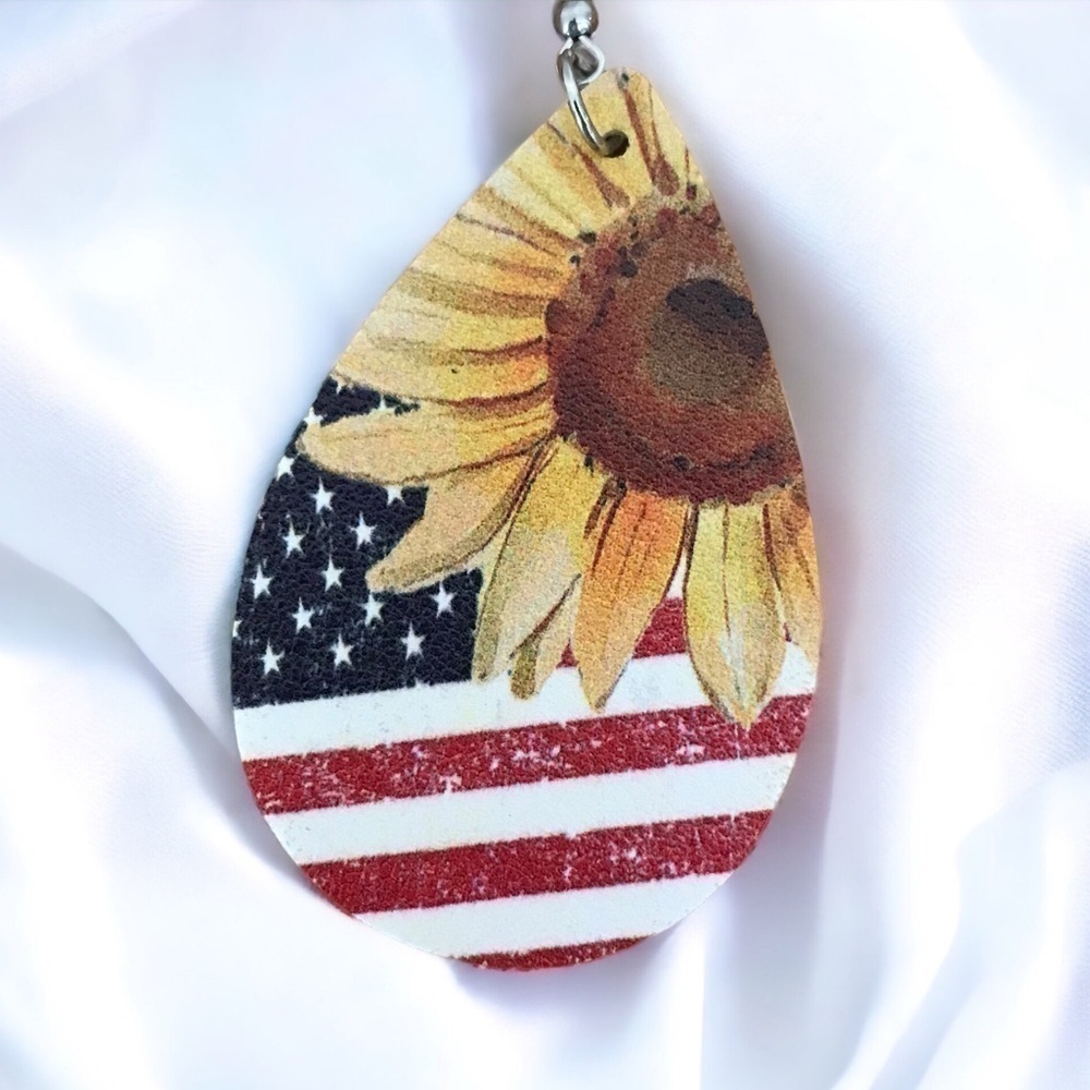 Faux Leather Tear Drop Dangle Sunflower Americana Earrings Patriotic - Picture 3 of 3